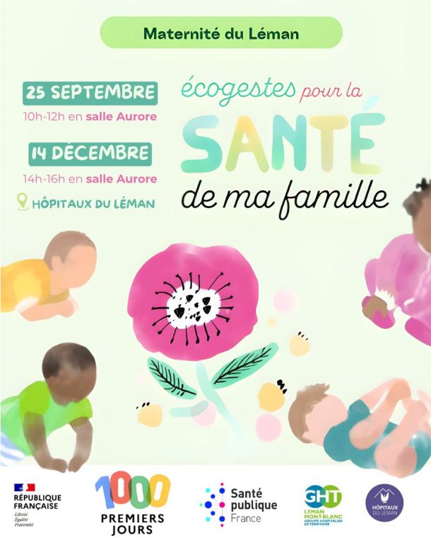 affiche ecogestes pour la sante avec bebes et fleurs